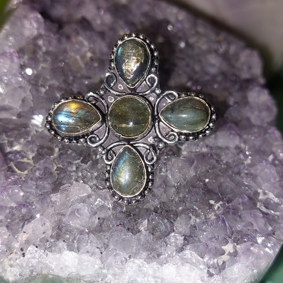 5 Stone Labradorite Gemstone Statement Ring - Picture 5 of 7